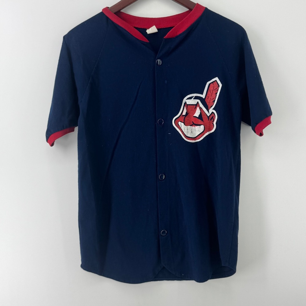 Vintage Cleveland Indians Chief Wahoo Baseball Jersey Navy Red USA Made Small